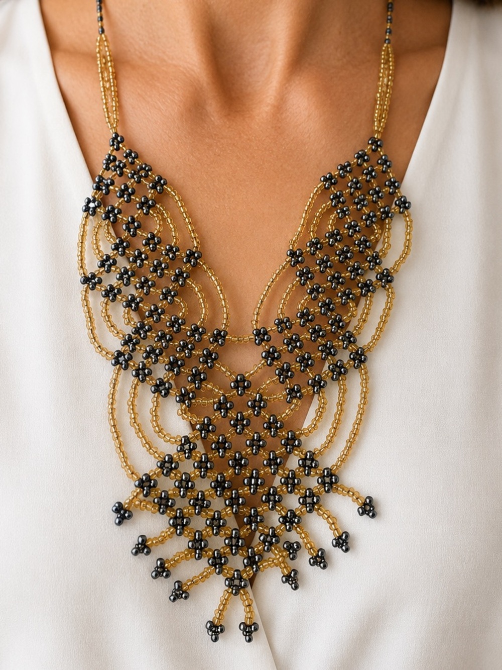 Handmade Antique Gold & Black Seed Bead Statement Necklace - Picture 3 of 7